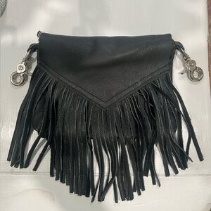 Fringed Black Leather Clutch